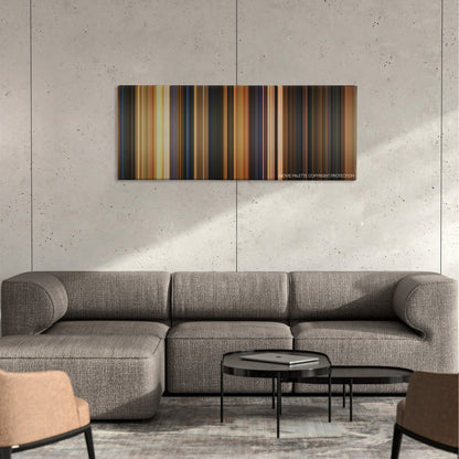 Wallace & Gromit: The Curse of the Were-Rabbit color palette canvas on a concrete wall above a gray sectional sofa