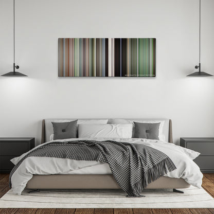 Stand by Me color palette canvas above a bed, between two black pendant lamps