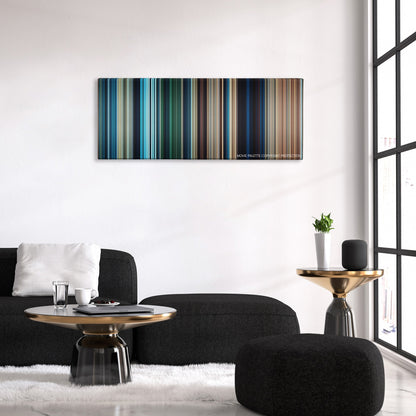10,000 BC color palette canvas above a black sofa with a gold-topped table