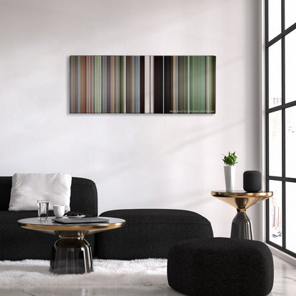Stand by Me color palette canvas above a black sofa with a gold-topped table