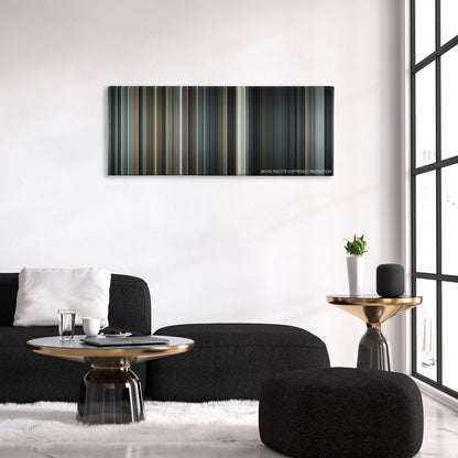 Capote color palette canvas above a black sofa with a gold-topped table