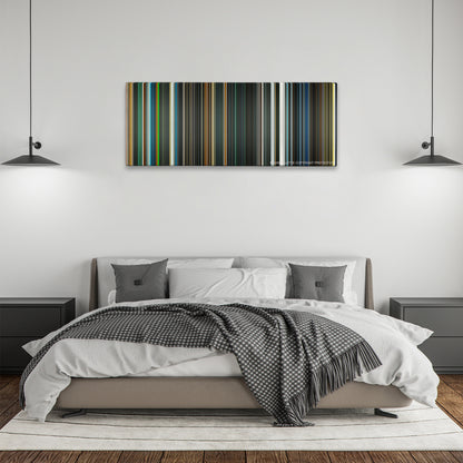 Sunshine color palette canvas above a bed, between two black pendant lamps
