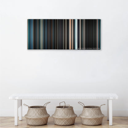 Serenity color palette canvas above a white bench with three woven baskets