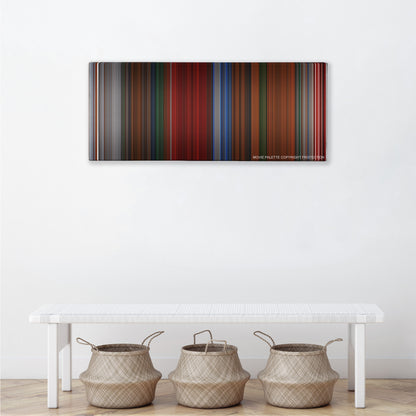 Wind River color palette canvas above a white bench with three woven baskets
