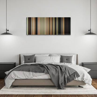 The Sound of Music color palette canvas above a bed, between two black pendant lamps