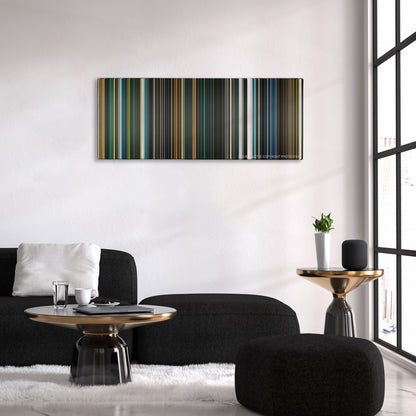 Sunshine color palette canvas above a black sofa with a gold-topped table