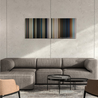 Spider-Man: Homecoming color palette canvas on a concrete wall above a gray sectional sofa