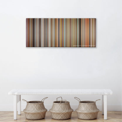 Fahrenheit 9/11 color palette canvas above a white bench with three woven baskets