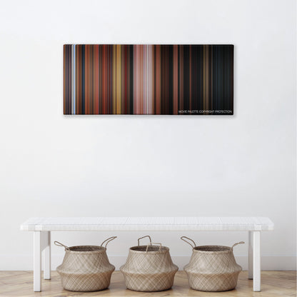 Stuart Little color palette canvas above a white bench with three woven baskets