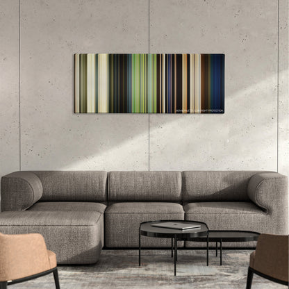 The Ballad of Buster Scruggs color palette canvas on a concrete wall above a gray sectional sofa