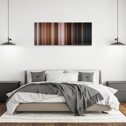 Stuart Little color palette canvas above a bed, between two black pendant lamps