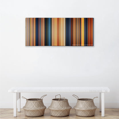 William Shakespeare's Romeo & Juliet color palette canvas above a white bench with three woven baskets