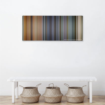 Ip Man color palette canvas above a white bench with three woven baskets
