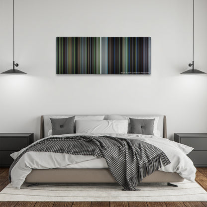 Braveheart color palette canvas above a bed, between two black pendant lamps