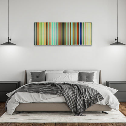 The Simpsons Movie color palette canvas above a bed, between two black pendant lamps