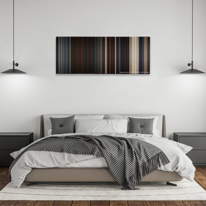 Planet of the Apes color palette canvas above a bed, between two black pendant lamps