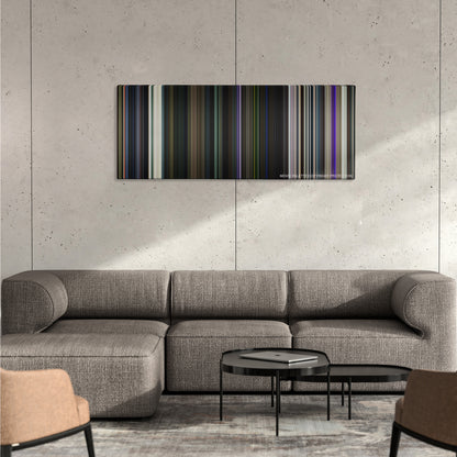 Guardians of the Galaxy color palette canvas on a concrete wall above a gray sectional sofa
