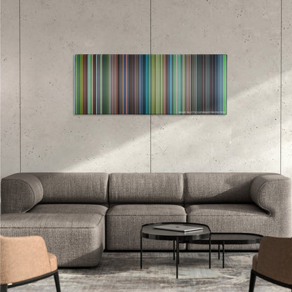 Princess Mononoke color palette canvas on a concrete wall above a gray sectional sofa