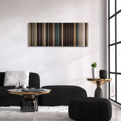 Fast Five color palette canvas above a black sofa with a gold-topped table