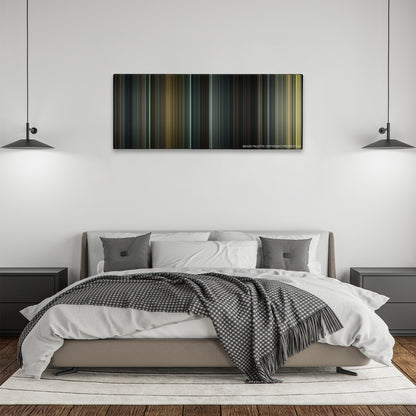 Se7en color palette canvas above a bed, between two black pendant lamps
