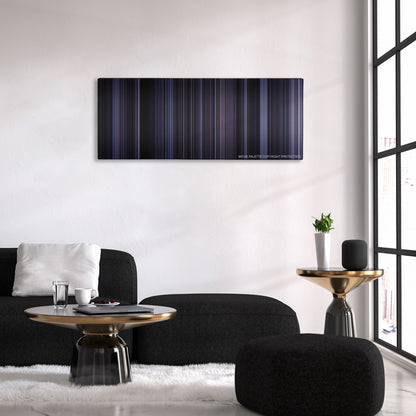 The Raid: Redemption color palette canvas above a black sofa with a gold-topped table