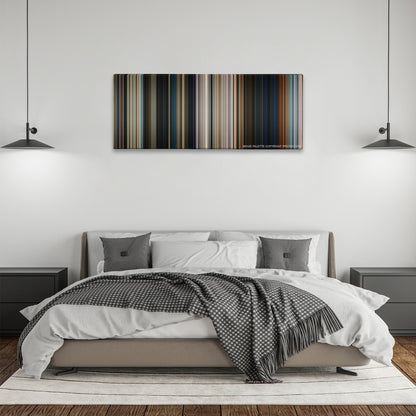 Spider-Man: Homecoming color palette canvas above a bed, between two black pendant lamps