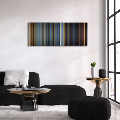 Ender's Game color palette canvas above a black sofa with a gold-topped table