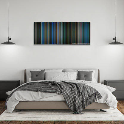Watchmen color palette canvas above a bed, between two black pendant lamps