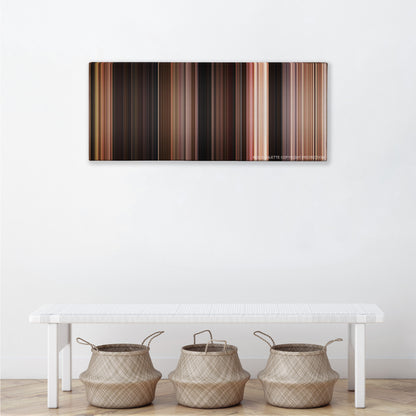The Fast and the Furious color palette canvas above a white bench with three woven baskets