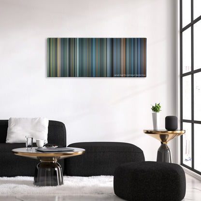 John Q color palette canvas above a black sofa with a gold-topped table