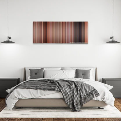 Freaky Friday color palette canvas above a bed, between two black pendant lamps