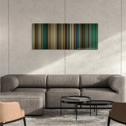 Catwoman color palette canvas on a concrete wall above a gray sectional sofa