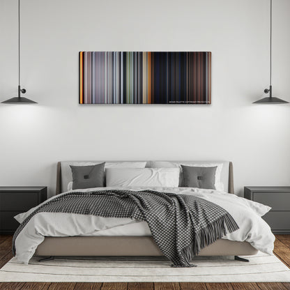 The Texas Chain Saw Massacre color palette canvas above a bed, between two black pendant lamps