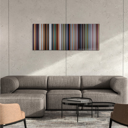 The Incredibles color palette canvas on a concrete wall above a gray sectional sofa
