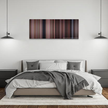 Dead Poets Society color palette canvas above a bed, between two black pendant lamps