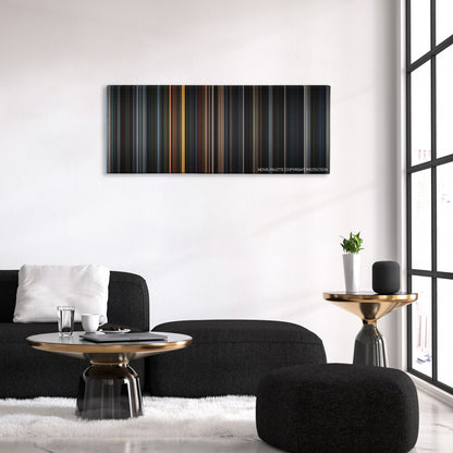 8MM color palette canvas above a black sofa with a gold-topped table