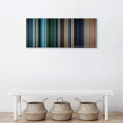 10,000 BC color palette canvas above a white bench with three woven baskets