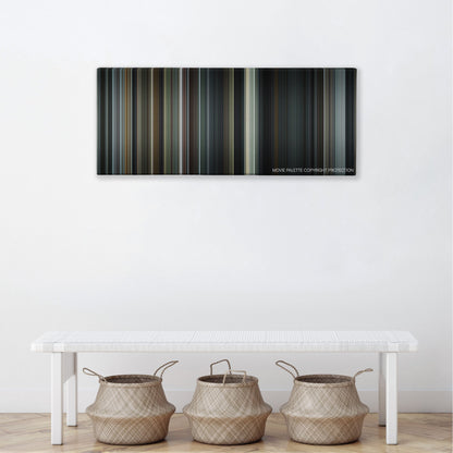 Capote color palette canvas above a white bench with three woven baskets