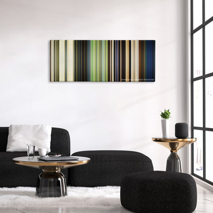 The Ballad of Buster Scruggs color palette canvas above a black sofa with a gold-topped table