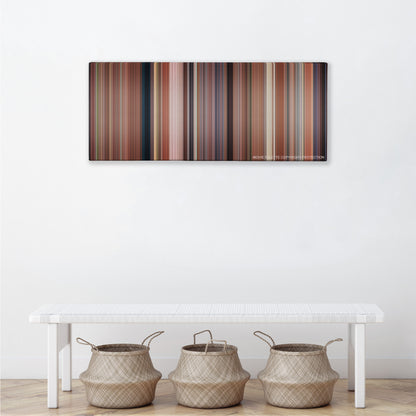 Bridesmaids color palette canvas above a white bench with three woven baskets