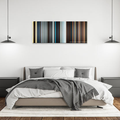 The Great Wall color palette canvas above a bed, between two black pendant lamps