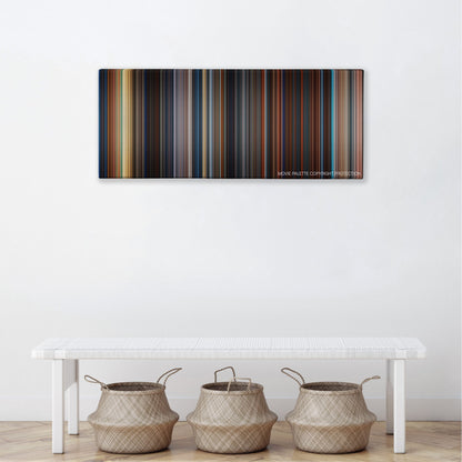 Deep Blue Sea color palette canvas above a white bench with three woven baskets