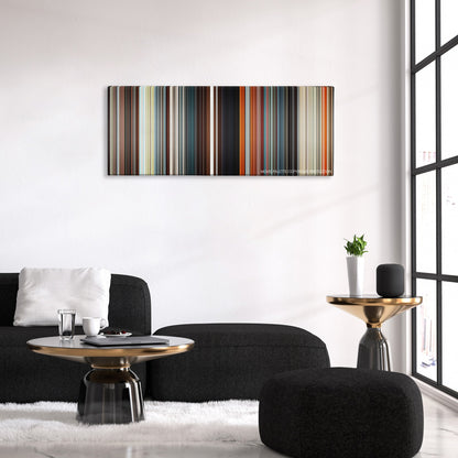 AEon Flux color palette canvas above a black sofa with a gold-topped table