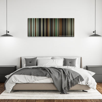 The Monuments Men color palette canvas above a bed, between two black pendant lamps