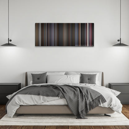 Scott Pilgrim vs. the World color palette canvas above a bed, between two black pendant lamps