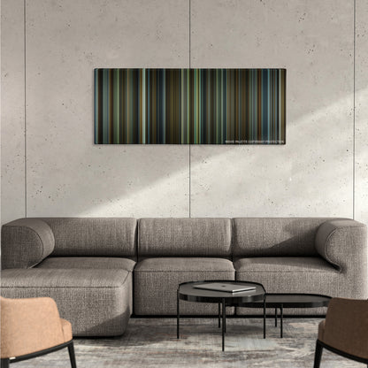 Gone Girl color palette canvas on a concrete wall above a gray sectional sofa