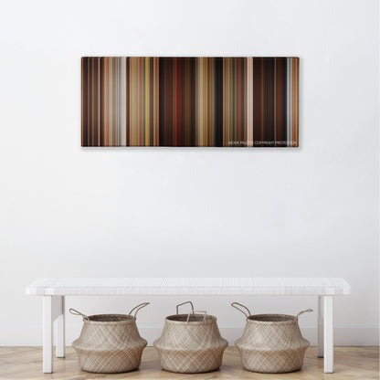 Identity Thief color palette canvas above a white bench with three woven baskets
