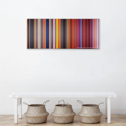 Cloudy with a Chance of Meatballs color palette canvas above a white bench with three woven baskets