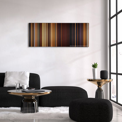 Shrek Forever After color palette canvas above a black sofa with a gold-topped table