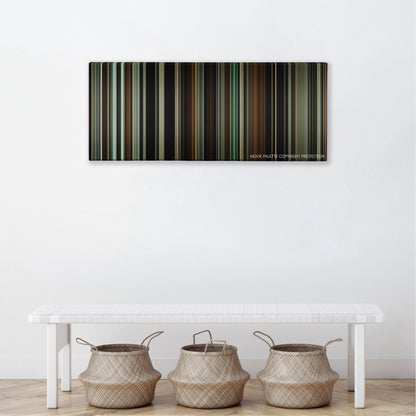 The Monuments Men color palette canvas above a white bench with three woven baskets